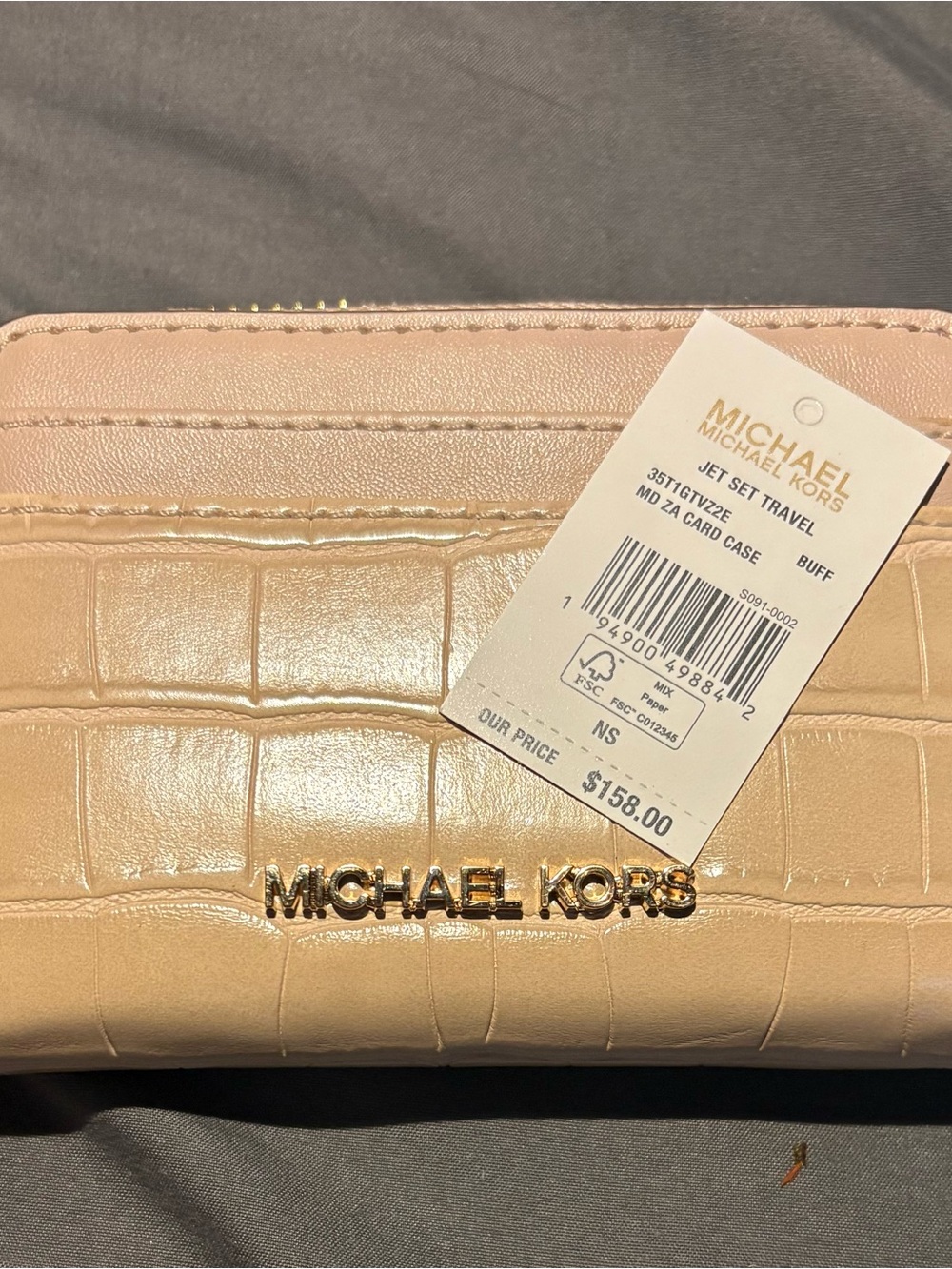 Michael Kors Buff Croc-Embossed Zip Card Case with Gold Logo